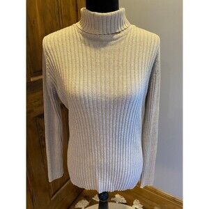 Basic Edition Cream with Gold Threads Holiday Turtleneck Size Large Sweater